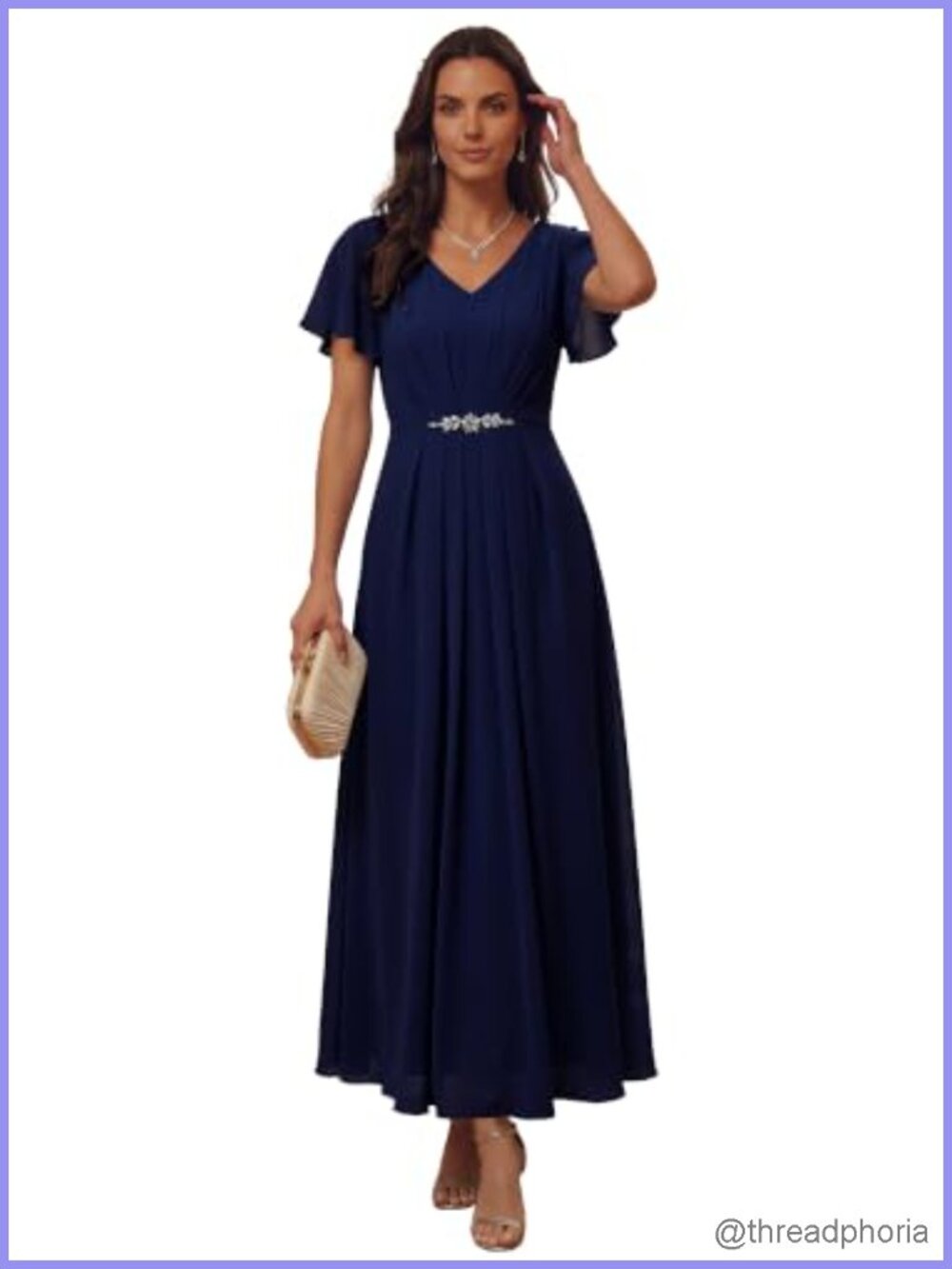 Ever-Pretty Chiffon Maxi Formal Dress Ruffle Sleeve V-Neck Wedding Guest